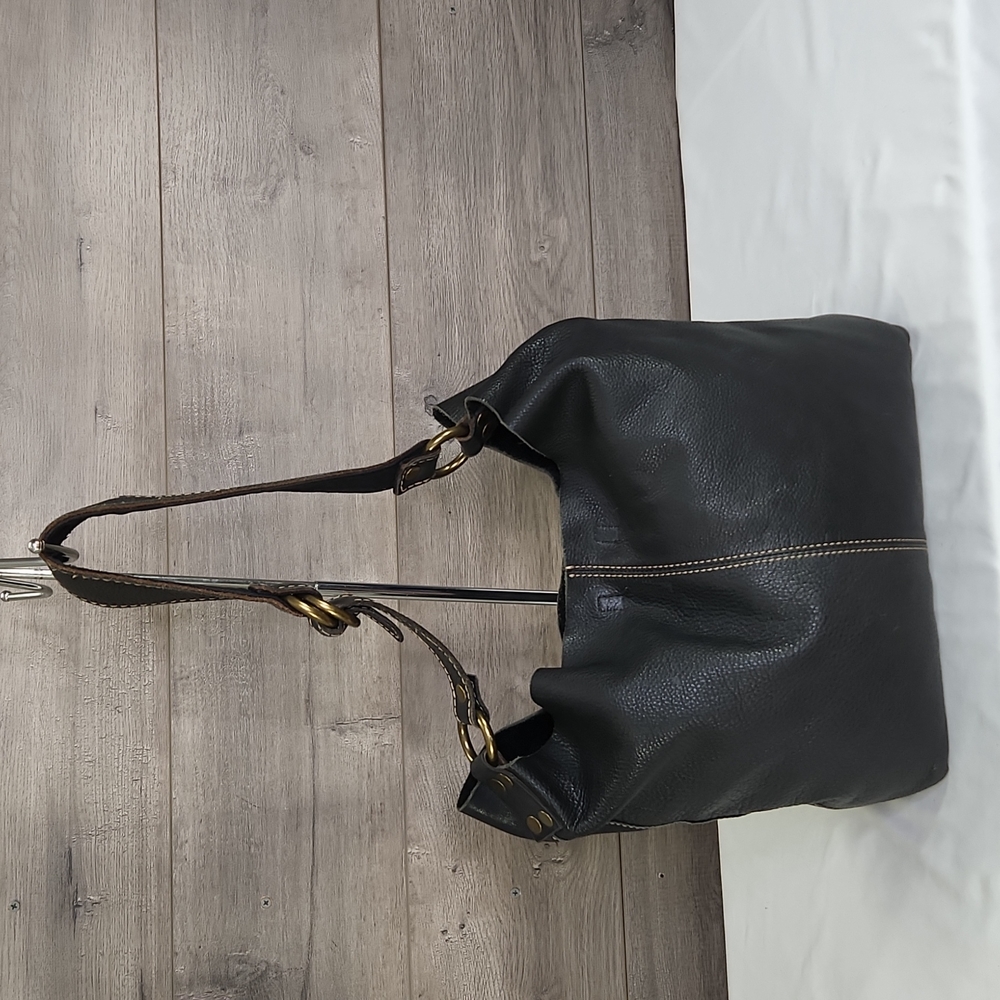 Lucky Brand Black Leather Shoulder Bag with Brown Strap Accents